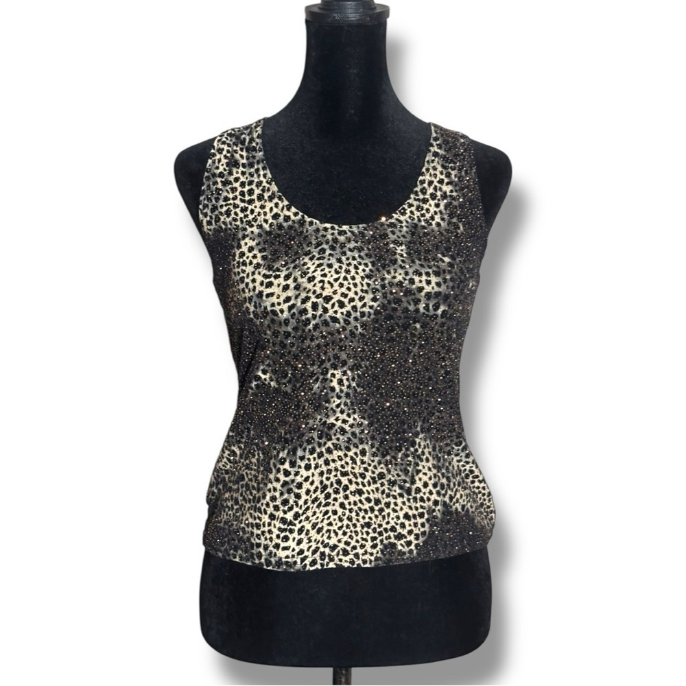 Onyx Nite Petite Black and Cream Animal Print Thick Straps Sequined Tank Top